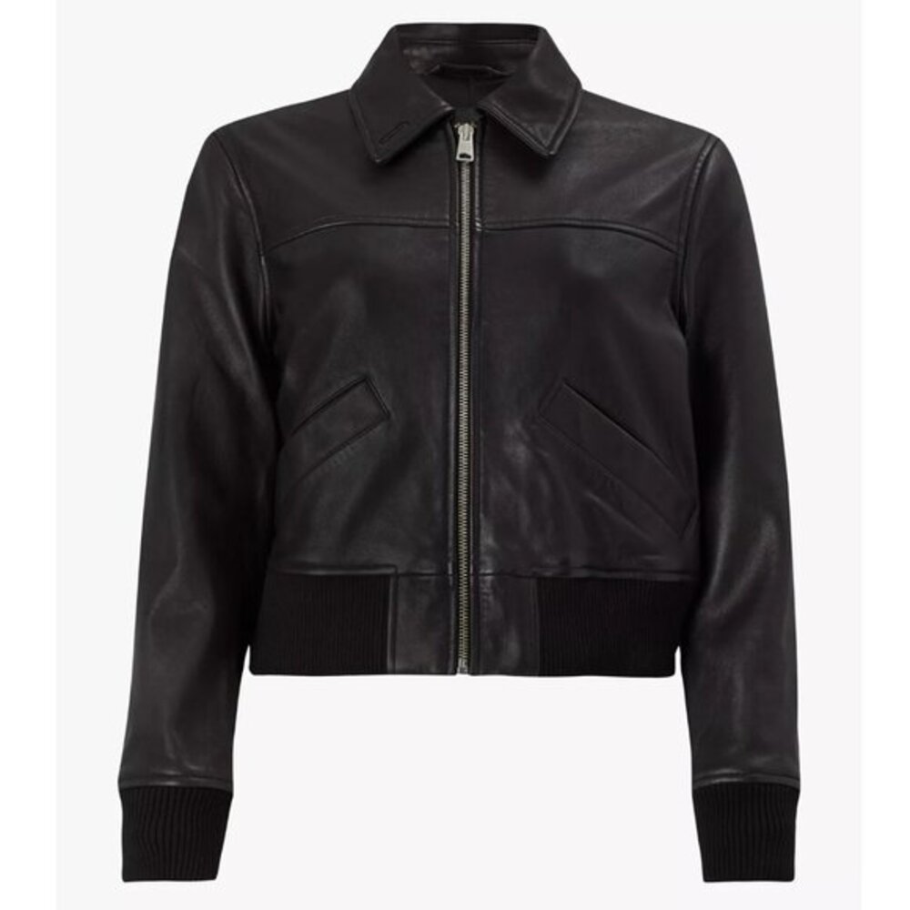 AllSaints All Saints Pascao Cropped Black Leather Bomber Jacket Black 4/S